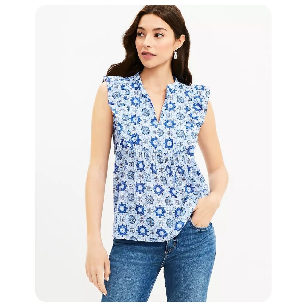 ! LOFT Blue Tiled Ruffle Tie Neck Blouse sz M